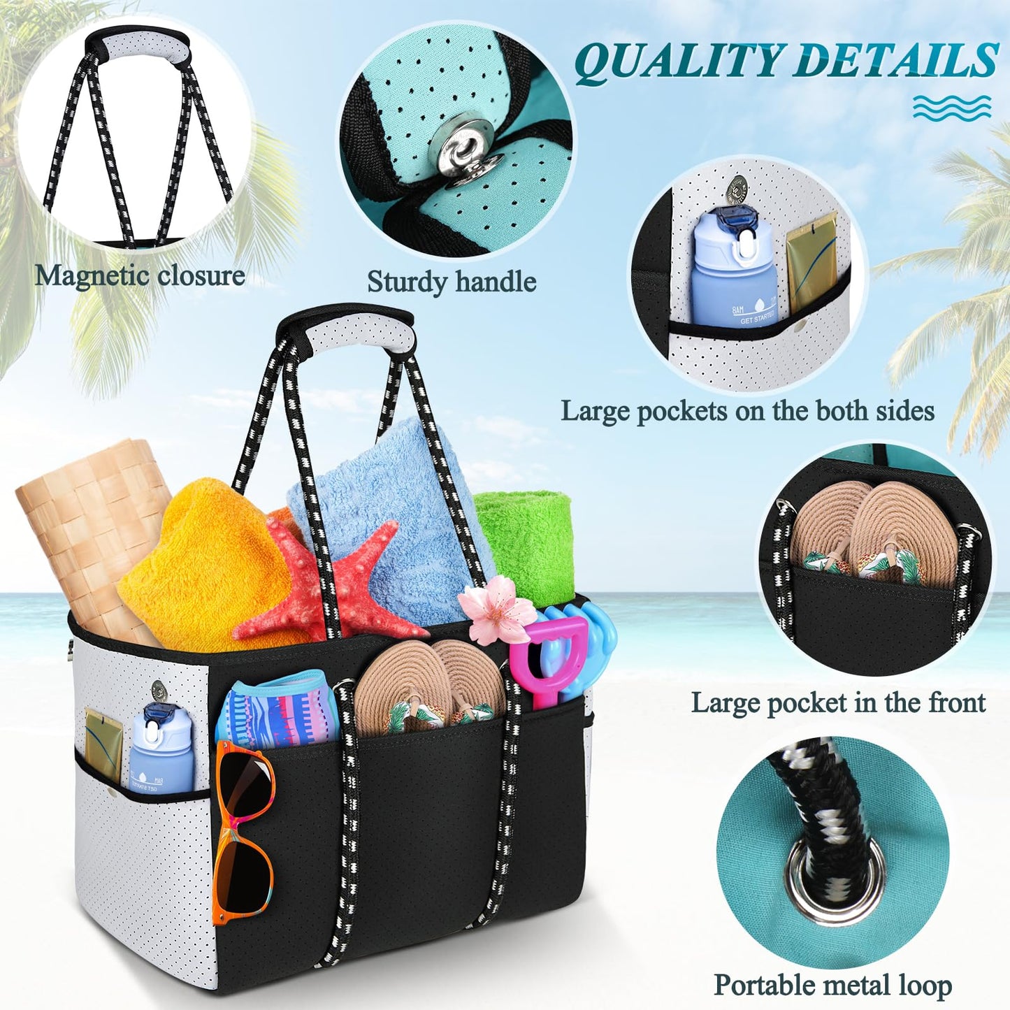 Extra Large Summer Beach Bag, Beach Tote Bag with Pocket Neoprene Multipurpose 45L Beach Bag Handbags for Pool Travel Shopping Gym Picnic