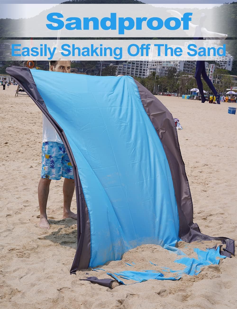 Beach Blanket Picnic Blanket, Extra Large 300 x 275cm Sandproof Waterproof Beach Mat with 4 Stakes for 7-10 Adults, Summer Essentials Outdoor Blanket for Travel Camping Hiking Picnic (Blue)