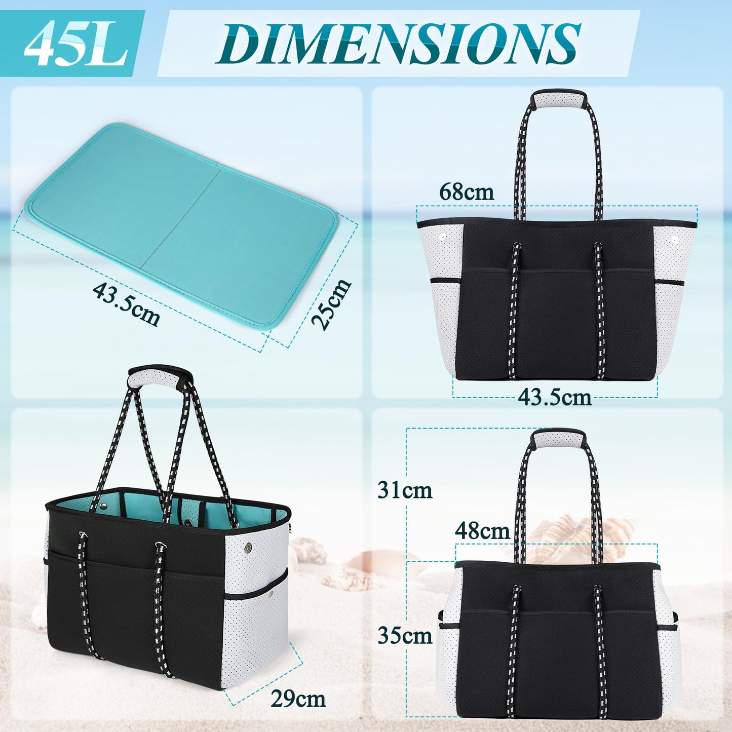 Extra Large Summer Beach Bag, Beach Tote Bag with Pocket Neoprene Multipurpose 45L Beach Bag Handbags for Pool Travel Shopping Gym Picnic