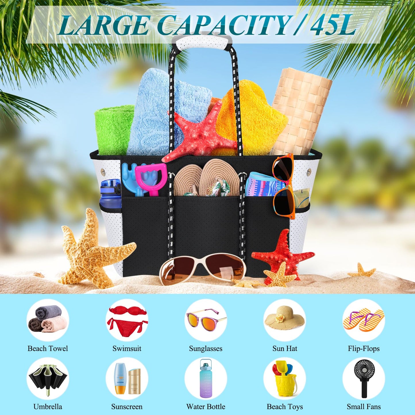 Extra Large Summer Beach Bag, Beach Tote Bag with Pocket Neoprene Multipurpose 45L Beach Bag Handbags for Pool Travel Shopping Gym Picnic