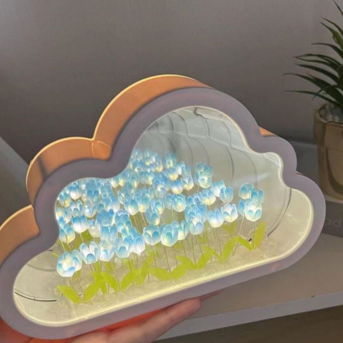 DIY Cloud Mirror Tulip Light, Cloud Mirror Tulip Light, Latest Bedroom Tulip Double Mirror Light, Artificial Flower Bedroom Sleeping Table lamp, Bedroom Night Light (BLUE)