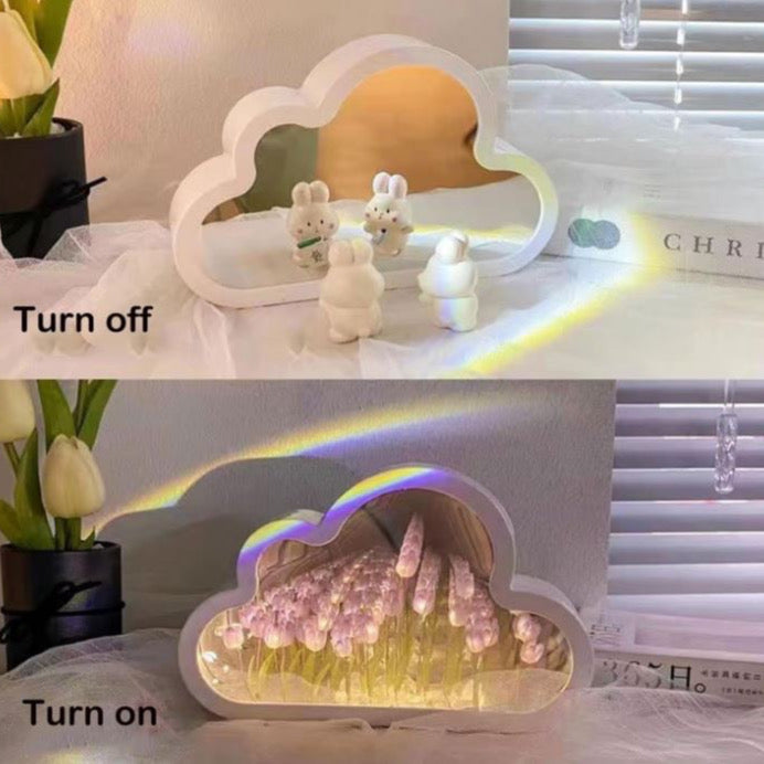 DIY Cloud Mirror Tulip Light, Cloud Mirror Tulip Light, Latest Bedroom Tulip Double Mirror Light, Artificial Flower Bedroom Sleeping Table lamp, Bedroom Night Light (PINK)