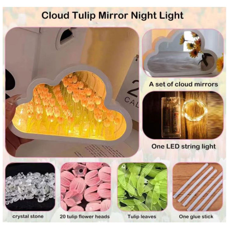 DIY Cloud Mirror Tulip Light, Cloud Mirror Tulip Light, Latest Bedroom Tulip Double Mirror Light, Artificial Flower Bedroom Sleeping Table lamp, Bedroom Night Light (PINK)