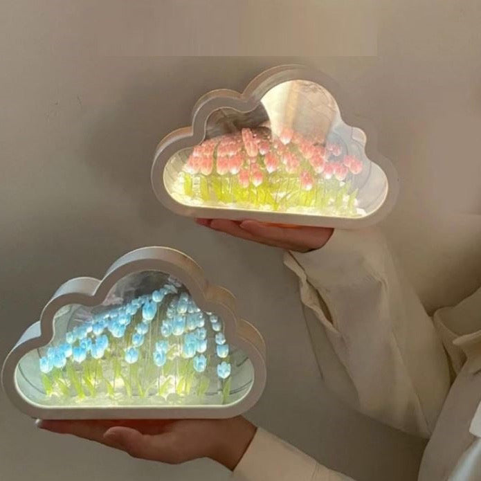 DIY Cloud Mirror Tulip Light, Cloud Mirror Tulip Light, Latest Bedroom Tulip Double Mirror Light, Artificial Flower Bedroom Sleeping Table lamp, Bedroom Night Light (PINK)