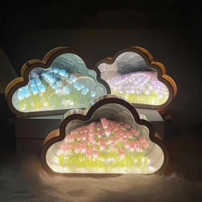 DIY Cloud Mirror Tulip Light, Cloud Mirror Tulip Light, Latest Bedroom Tulip Double Mirror Light, Artificial Flower Bedroom Sleeping Table lamp, Bedroom Night Light (PINK)