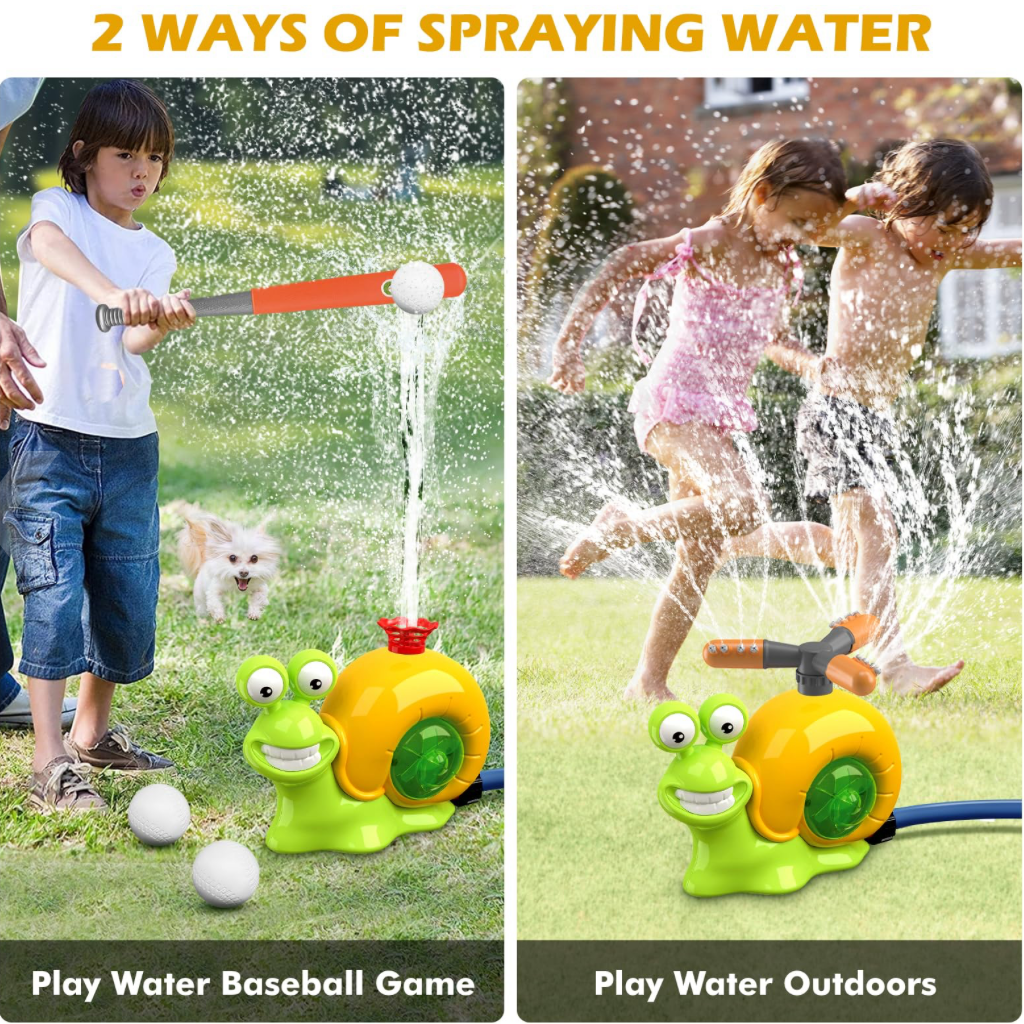2 in1 Water Sprinkler Snail Baseball Toy for Kids, Snail Sprinkler Ball Set with 2 Sprinkler Heads