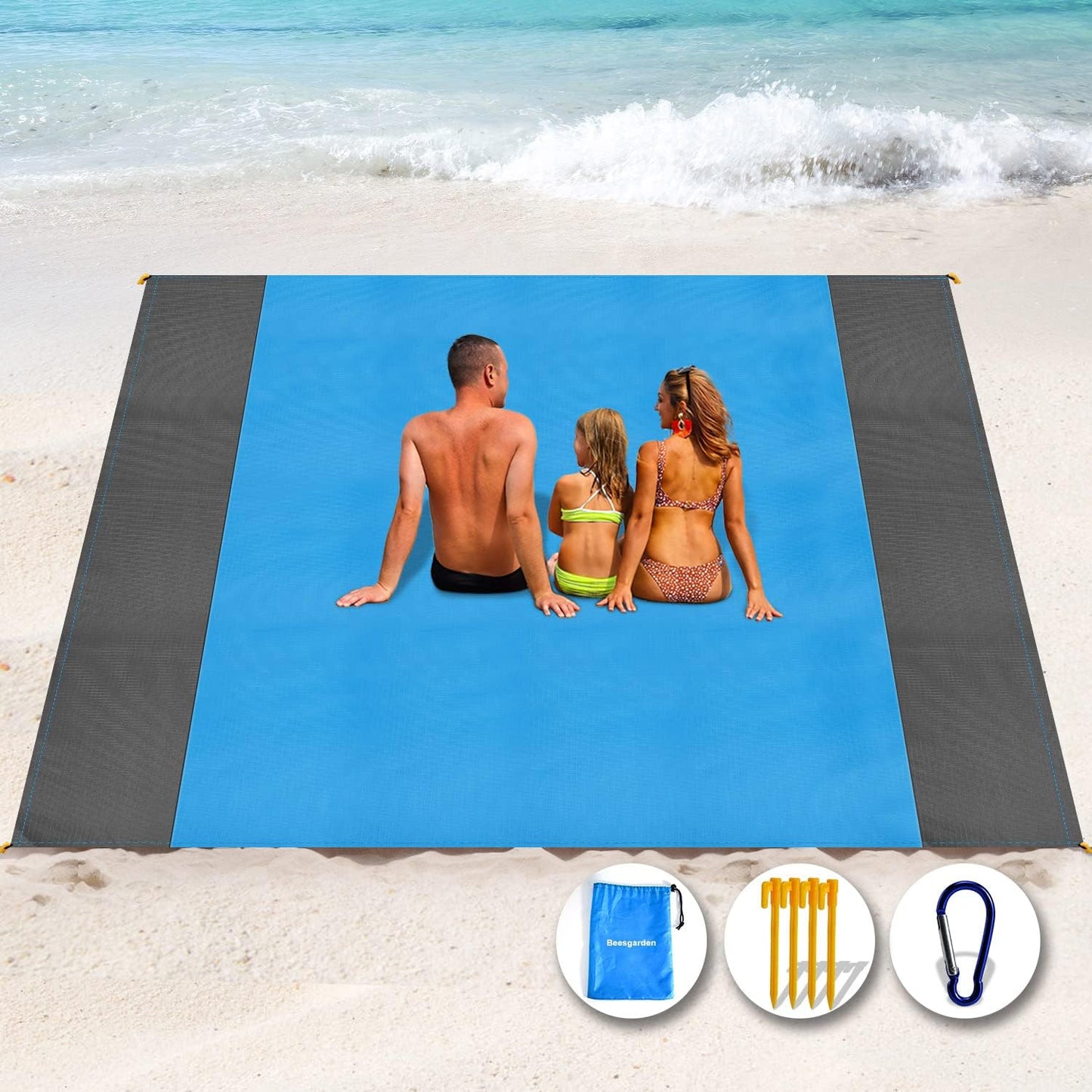 Beach Blanket Picnic Blanket, Extra Large 300 x 275cm Sandproof Waterproof Beach Mat with 4 Stakes for 7-10 Adults, Summer Essentials Outdoor Blanket for Travel Camping Hiking Picnic (Blue)