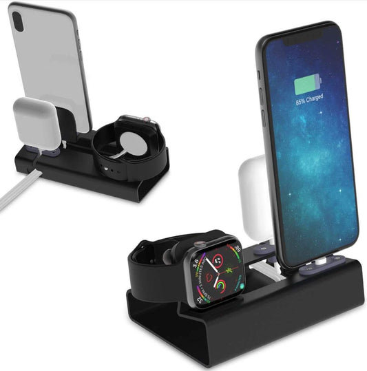 3 in 1 Aluminum Stand for Apple Watch, iPhone & AirPods Accessories The charging station for multiple devices is a necessary accessory for charging your Apple Watch, AirPods, and iPhone in one place.