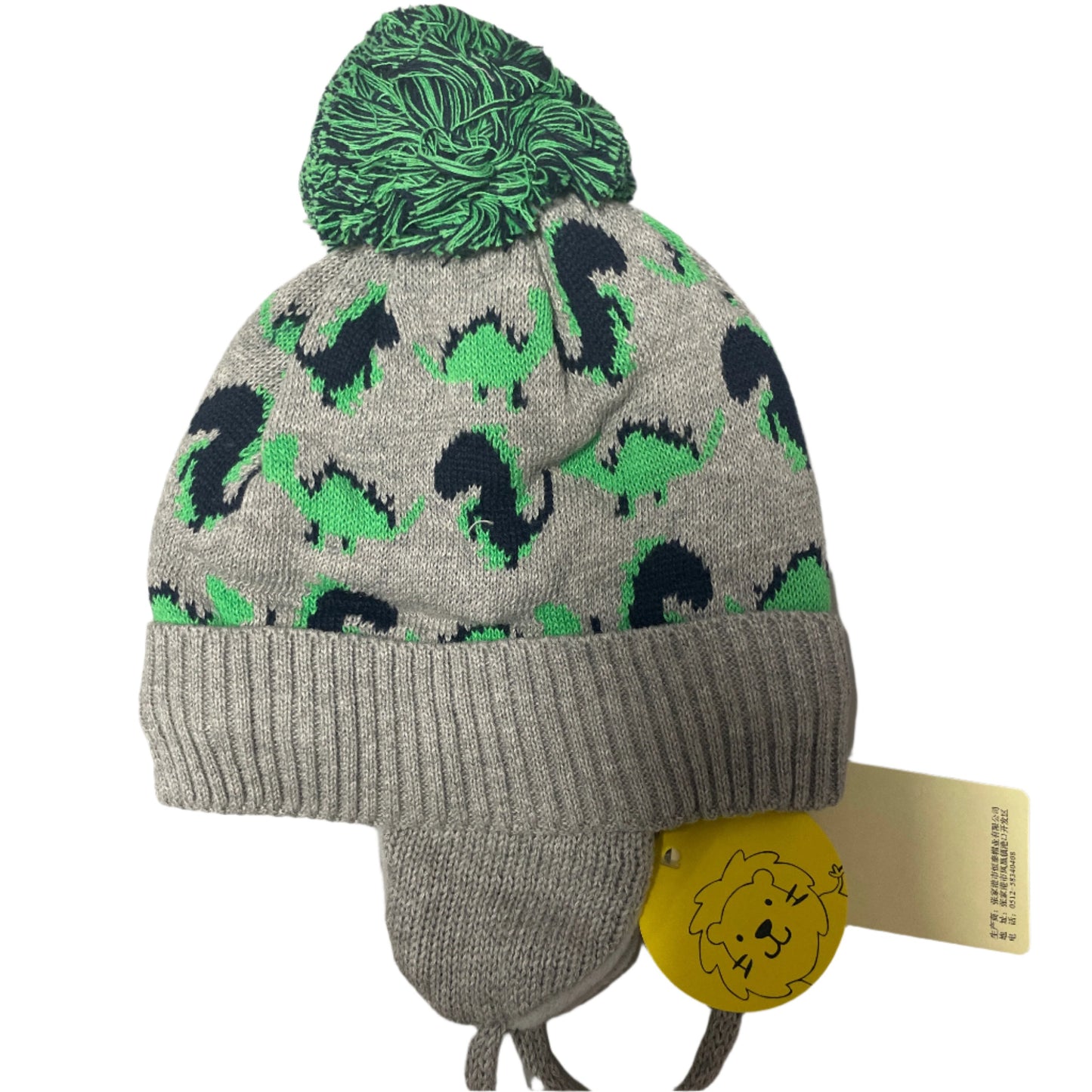 Knitted Winter Hat Fleece Lined Warm Cotton Beanie with Pompom Grey-GreenDinosaur,S,6-12 Months