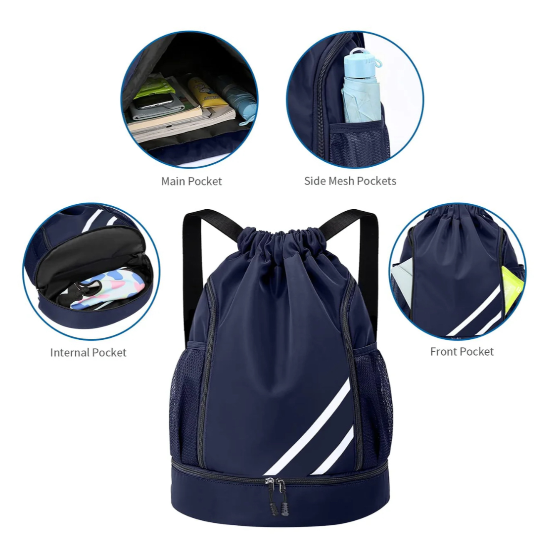 Large sports drawstring gym bag, back pack in navy