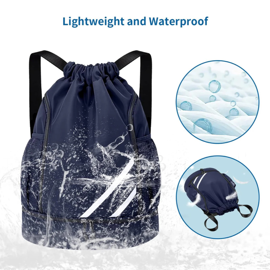 Large sports drawstring gym bag, back pack in navy