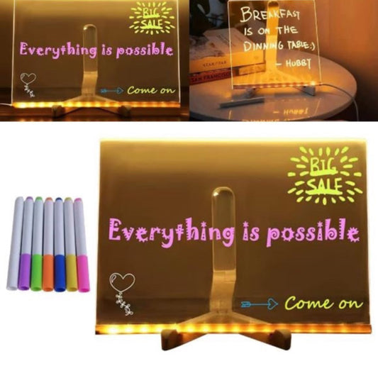 LED Message Board, comes with 7 different colour pens, Light up glow memo pad with stand.