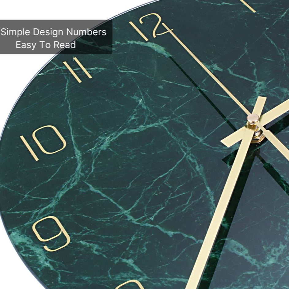 Green Glass Wall Clock Silent Non-ticking Battery Operated 12 Inches Modern Marble Texture Home Decorative Analog Clock