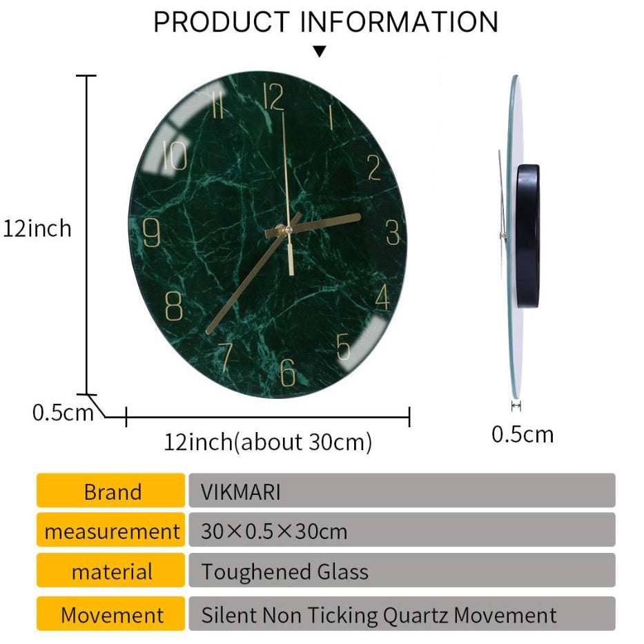 Green Glass Wall Clock Silent Non-ticking Battery Operated 12 Inches Modern Marble Texture Home Decorative Analog Clock