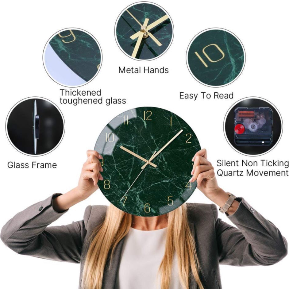 Green Glass Wall Clock Silent Non-ticking Battery Operated 12 Inches Modern Marble Texture Home Decorative Analog Clock