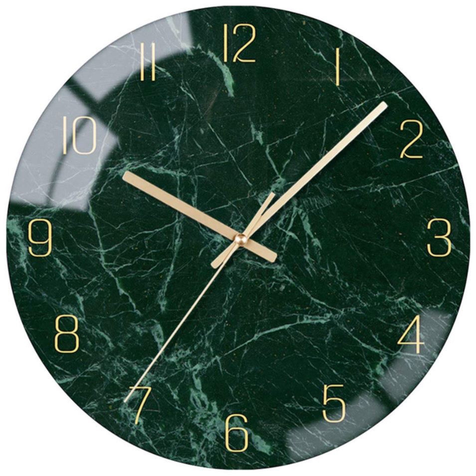 Green Glass Wall Clock Silent Non-ticking Battery Operated 12 Inches Modern Marble Texture Home Decorative Analog Clock