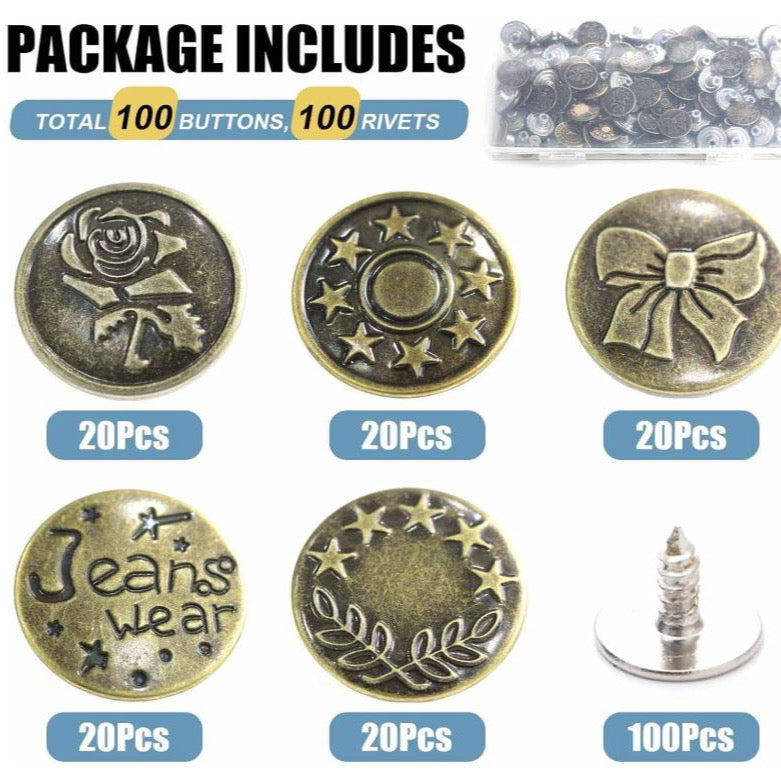 Jeans Buttons Replacement, 100PCS 20mm Instant No Sew Buttons for pants.