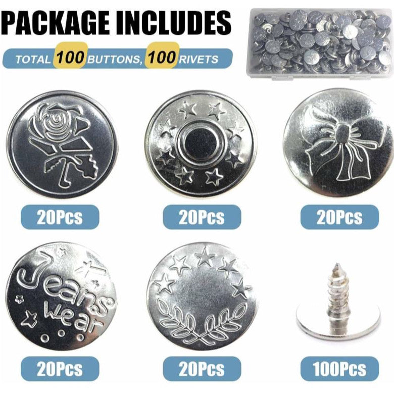 Jeans Buttons Replacement, 100PCS 20mm Instant No Sew Buttons for pants.