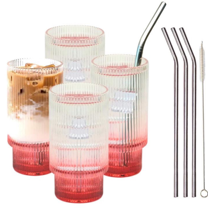 Smiths Mason Jars - Set of 4 Ribbed Glasses with Metal Straws and cleaning brush.