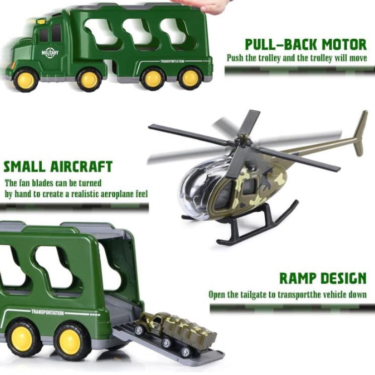 14 In 1 Military Trucks Toys for children complete with a range of accessories, light and sound.