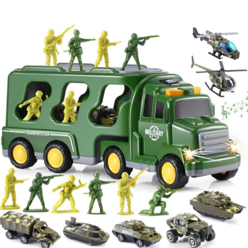 14 In 1 Military Trucks Toys for children complete with a range of accessories, light and sound.