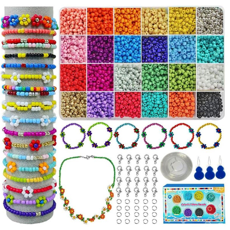 Over 6000 colourful glass beads with threads and accessories, for Jewelry Making, suitable for Kids age 4 plus