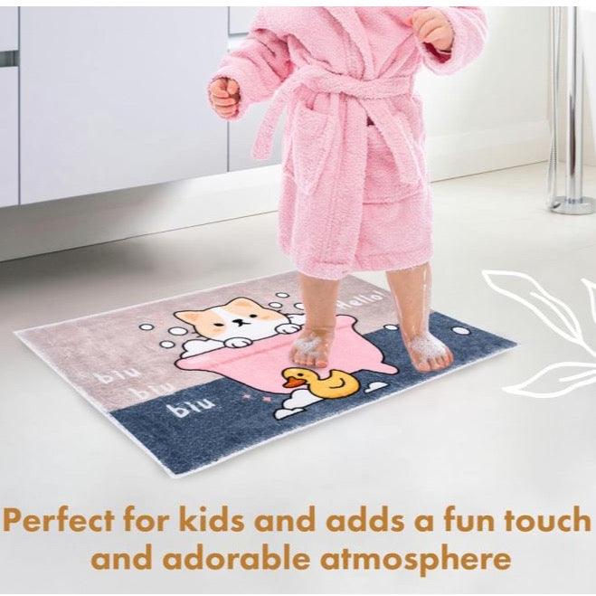 Non-Slip Bathroom Mat - 60x40 cm Soft and Thick Microfiber Kids Bath Mat (Cat Design) Pink