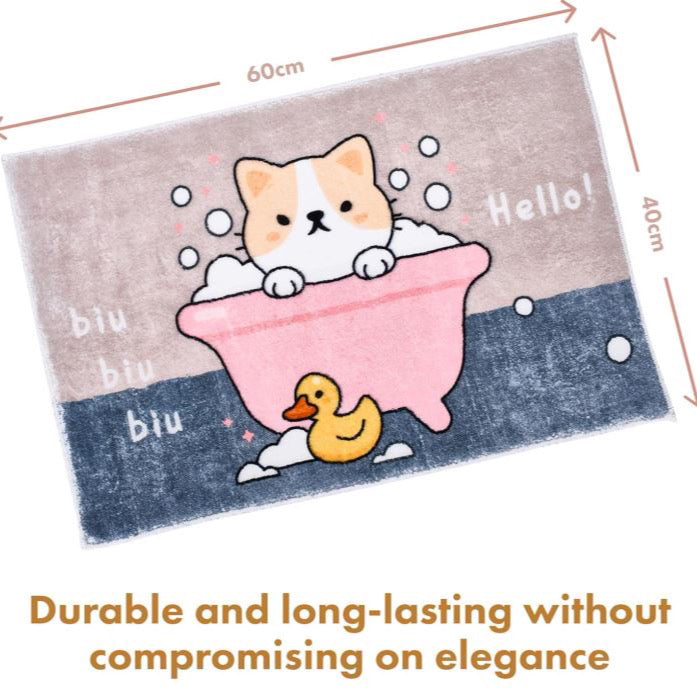 Non-Slip Bathroom Mat - 60x40 cm Soft and Thick Microfiber Kids Bath Mat (Cat Design) Pink