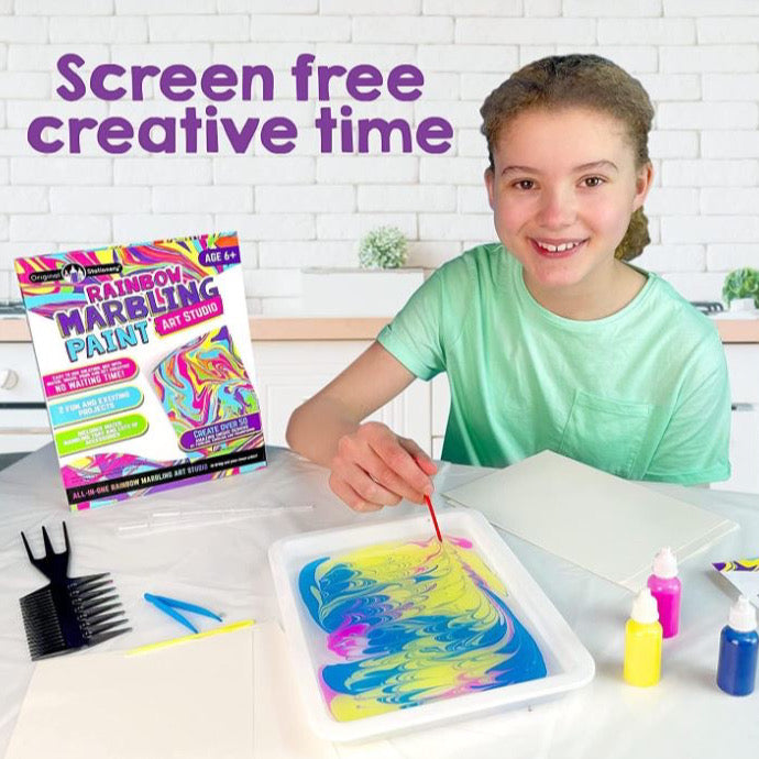 Original Stationery Rainbow Marbling Paint Art Kit for Kids 6+, Great Craft Kits for Kids complete with 2 exciting challenges, a ceramic vase and a photo frame to decorate.