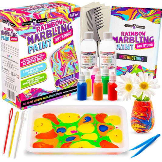 Original Stationery Rainbow Marbling Paint Art Kit for Kids 6+, Great Craft Kits for Kids complete with 2 exciting challenges, a ceramic vase and a photo frame to decorate.