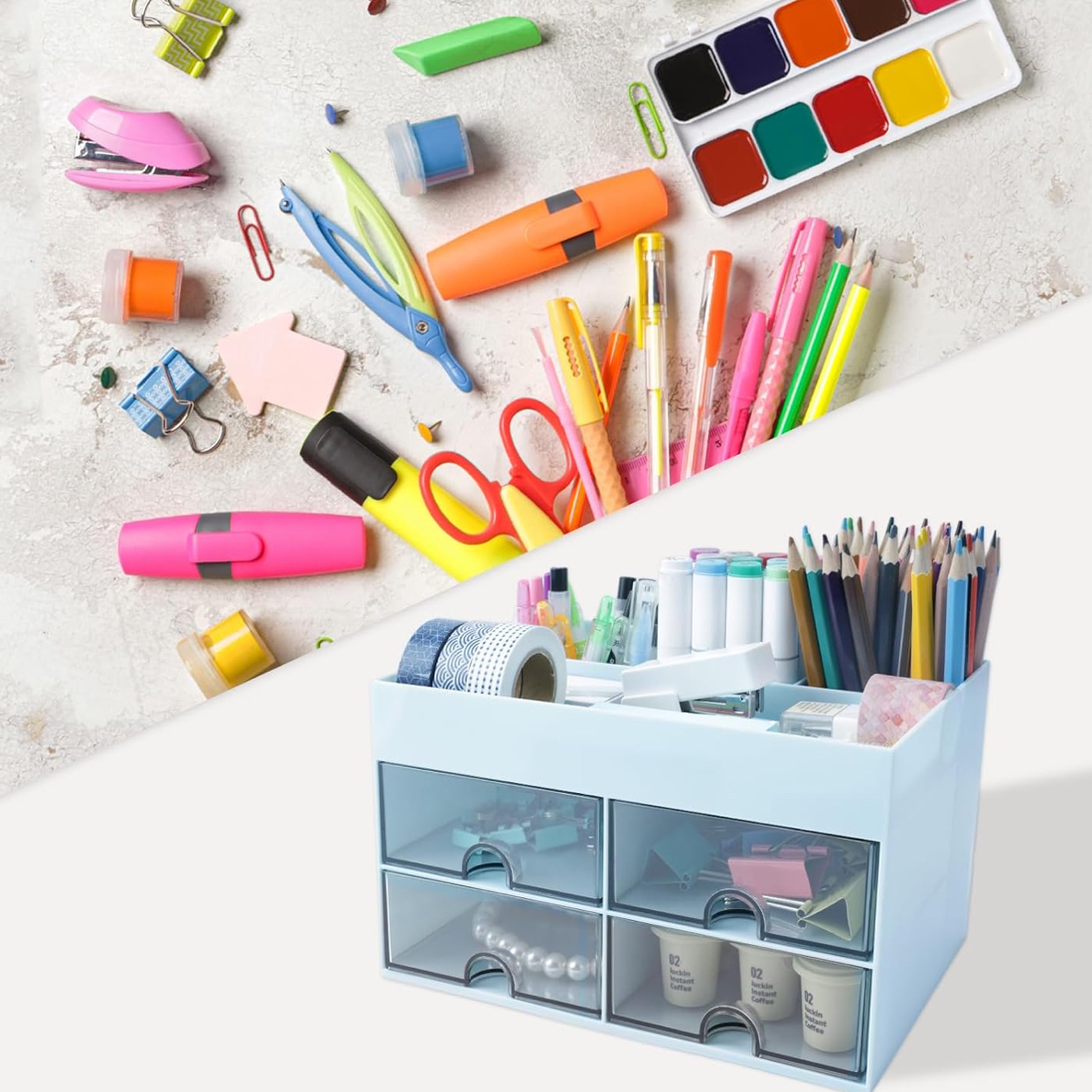 Versatile, desktop organiser/tidy with 4 drawers. suitable for office stationary or home makeup storage solutions