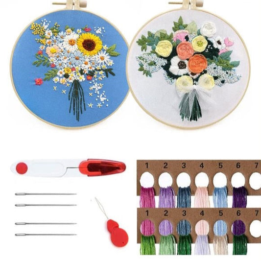 Embroidery Starter Kit, 2 Pack Holding Flowers Cross Stitch kit Full Range of Stamped Embroidery Kits, Embroidery Hoops, Color Threads and Tool for Beginner Home Decor Birthday Gift