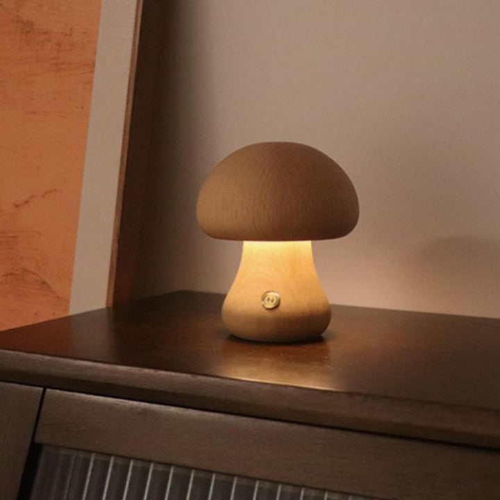 Wooden Mushroom Night Light, Dimmable Mushroom Bedside Table Lamp, USB Re-Chargeable. Portable Night Lamp for Bedroom/Home Decor