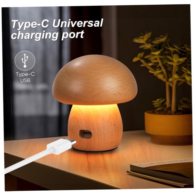 Wooden Mushroom Night Light, Dimmable Mushroom Bedside Table Lamp, USB Re-Chargeable. Portable Night Lamp for Bedroom/Home Decor