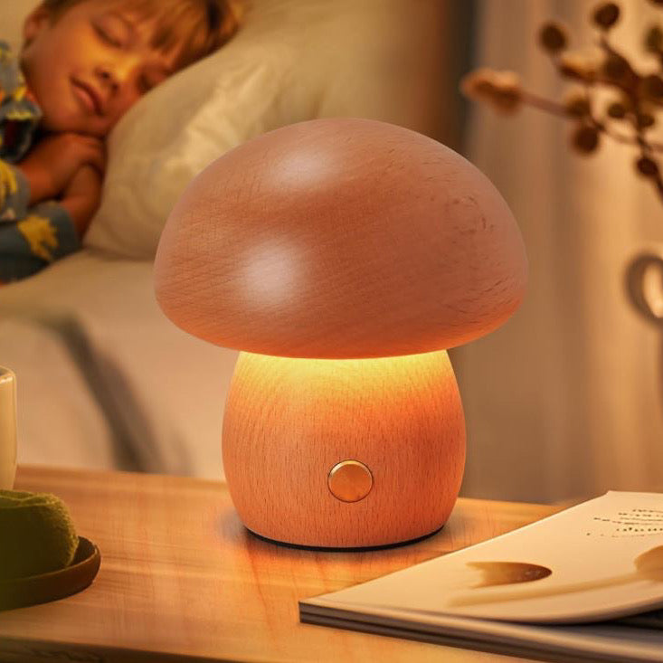 Wooden Mushroom Night Light, Dimmable Mushroom Bedside Table Lamp, USB Re-Chargeable. Portable Night Lamp for Bedroom/Home Decor