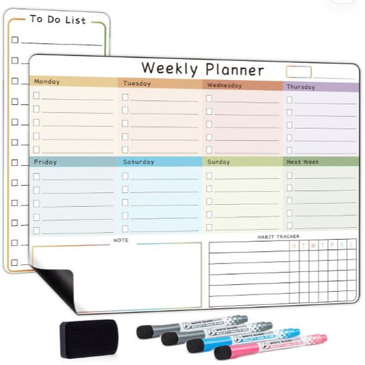 Magnetic Weekly Planner Whiteboard for Fridge, Dry Erase Fridge Calendar and Small to Do List Notepad with 4 Marker Pens & Magnet Eraser