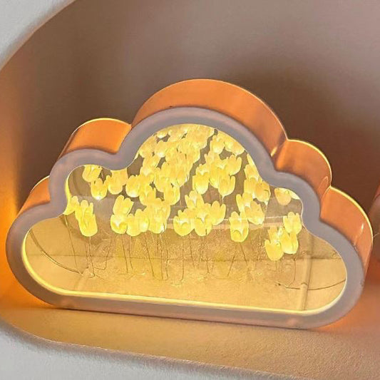 DIY Cloud Mirror Tulip Light, Cloud Mirror Tulip Light, Latest Bedroom Tulip Double Mirror Light, Artificial Flower Bedroom Sleeping Table lamp, Bedroom Night Light (Yellow)