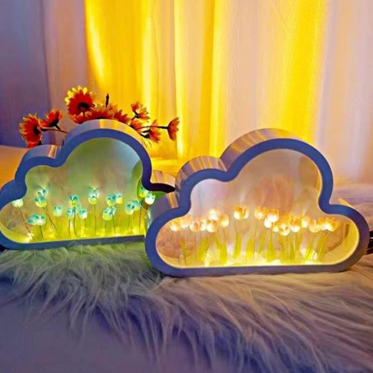 DIY Cloud Mirror Tulip Light, Cloud Mirror Tulip Light, Latest Bedroom Tulip Double Mirror Light, Artificial Flower Bedroom Sleeping Table lamp, Bedroom Night Light (Yellow)