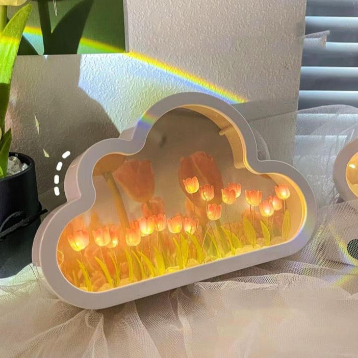 DIY Cloud Mirror Tulip Light, Cloud Mirror Tulip Light, Latest Bedroom Tulip Double Mirror Light, Artificial Flower Bedroom Sleeping Table lamp, Bedroom Night Light (Yellow)