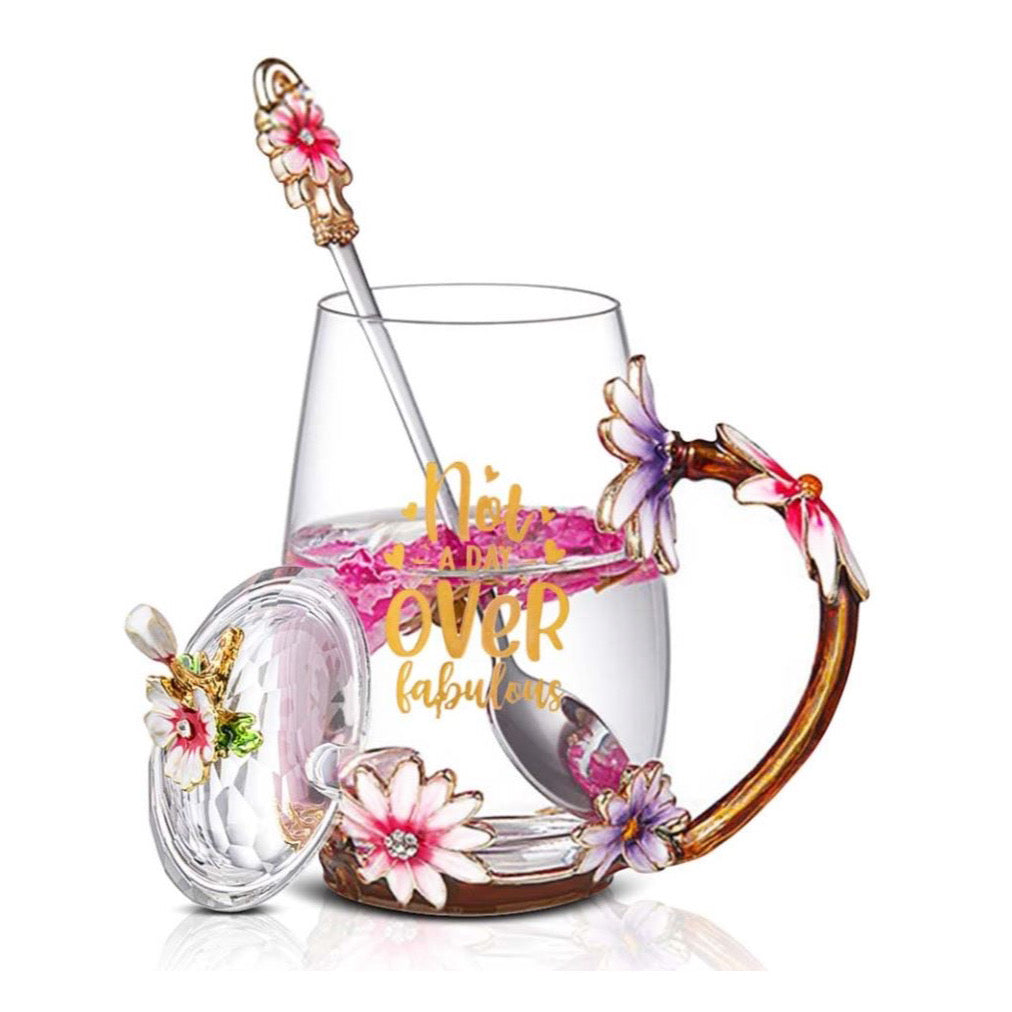 Not A Day Over Fabulous! Enamel Flower Glass Mug with Spoon