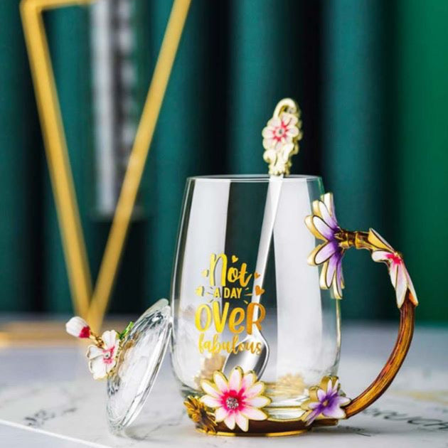 Not A Day Over Fabulous! Enamel Flower Glass Mug with Spoon