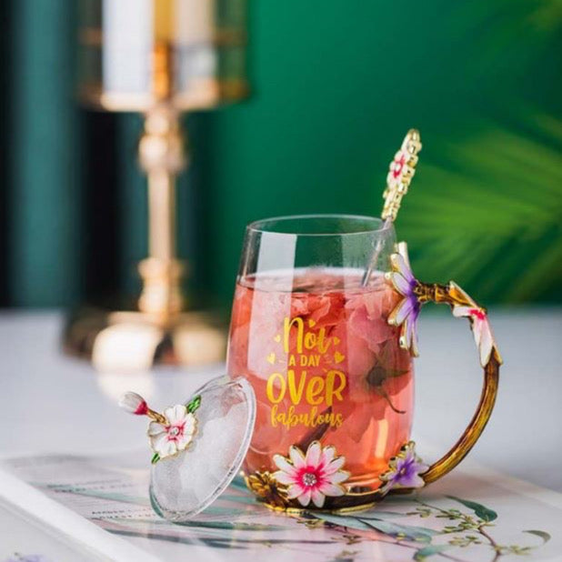 Not A Day Over Fabulous! Enamel Flower Glass Mug with Spoon