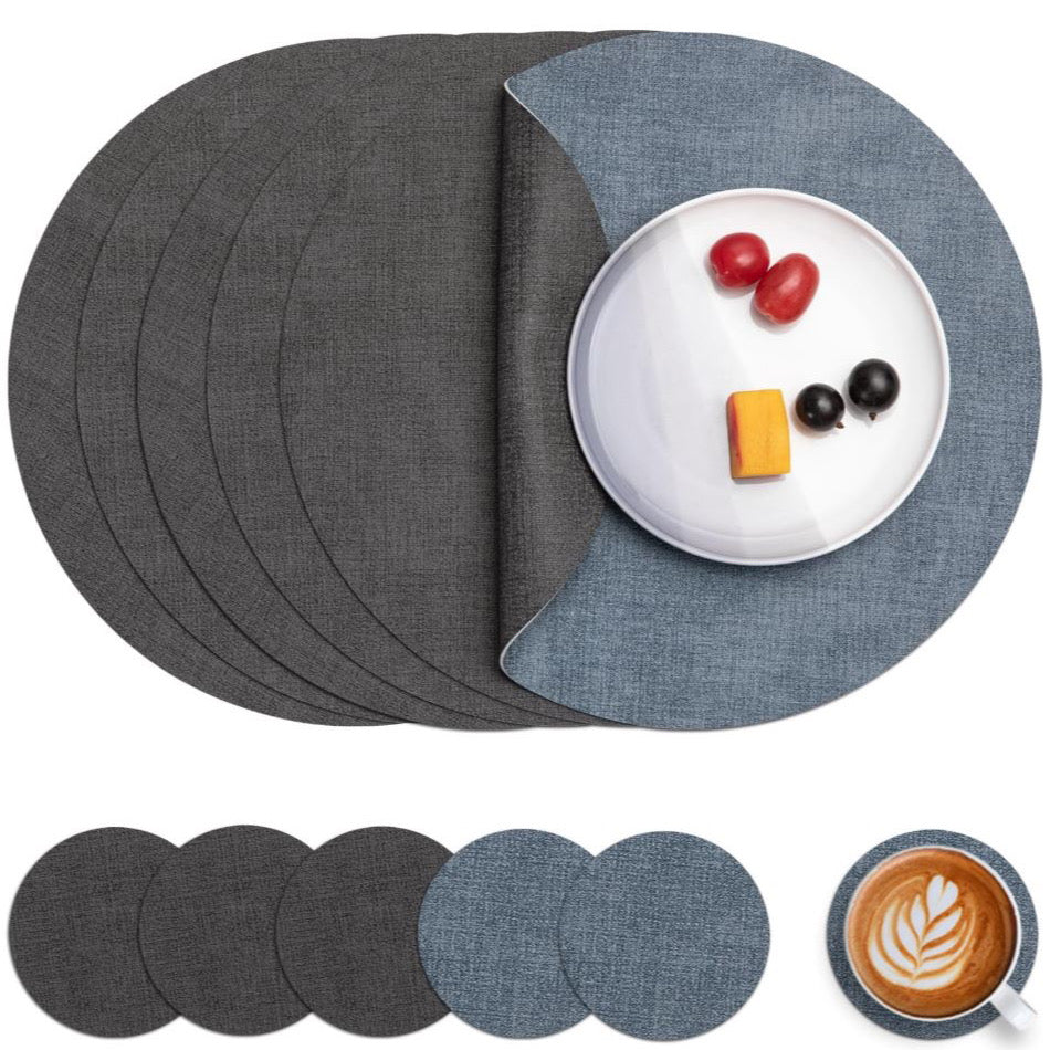 Leather Placemats and Coaster Set of 4, Table Mats Round Waterproof Dual Sided non-slip placemats in Grey and Light Blue