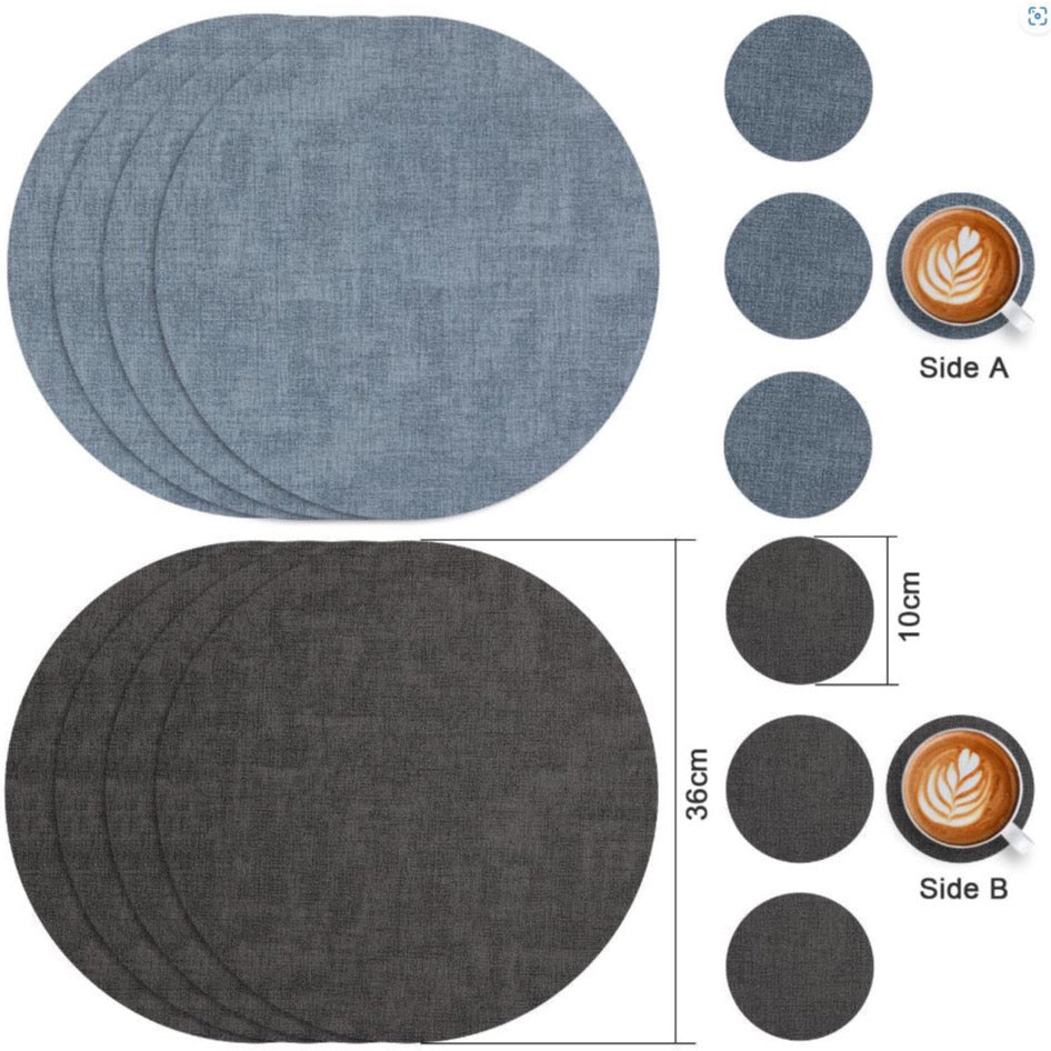 Leather Placemats and Coaster Set of 4, Table Mats Round Waterproof Dual Sided non-slip placemats in Grey and Light Blue