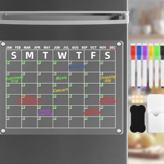 Acrylic Magnetic Dry Erase Board, 30 x 40cm Magnetic Fridge Calendar with 6 Magnetic Markers, Pen Holder and  Blackboard Eraser