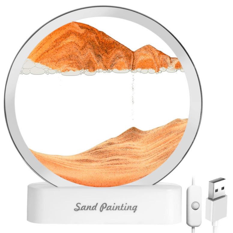 Flowing Sand Painting Ornaments, Moving Sand Art Picture Round Glass 3D Deep Sea Sandscape in Motion Display Flowing Sand Frame, Relaxing Decoration for Desktop Home Office Work (Yellow)